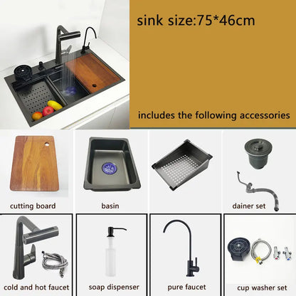 RVS Aanrechtspoelbak – Keukenspoelbak – Ingebouwde Spoelbak – Enkele Spoelbak – Topmount Spoelbak – Anti-Kras Honeycomb Nano-Technologie – Waterval Kraan 75x46 cm Links Drain