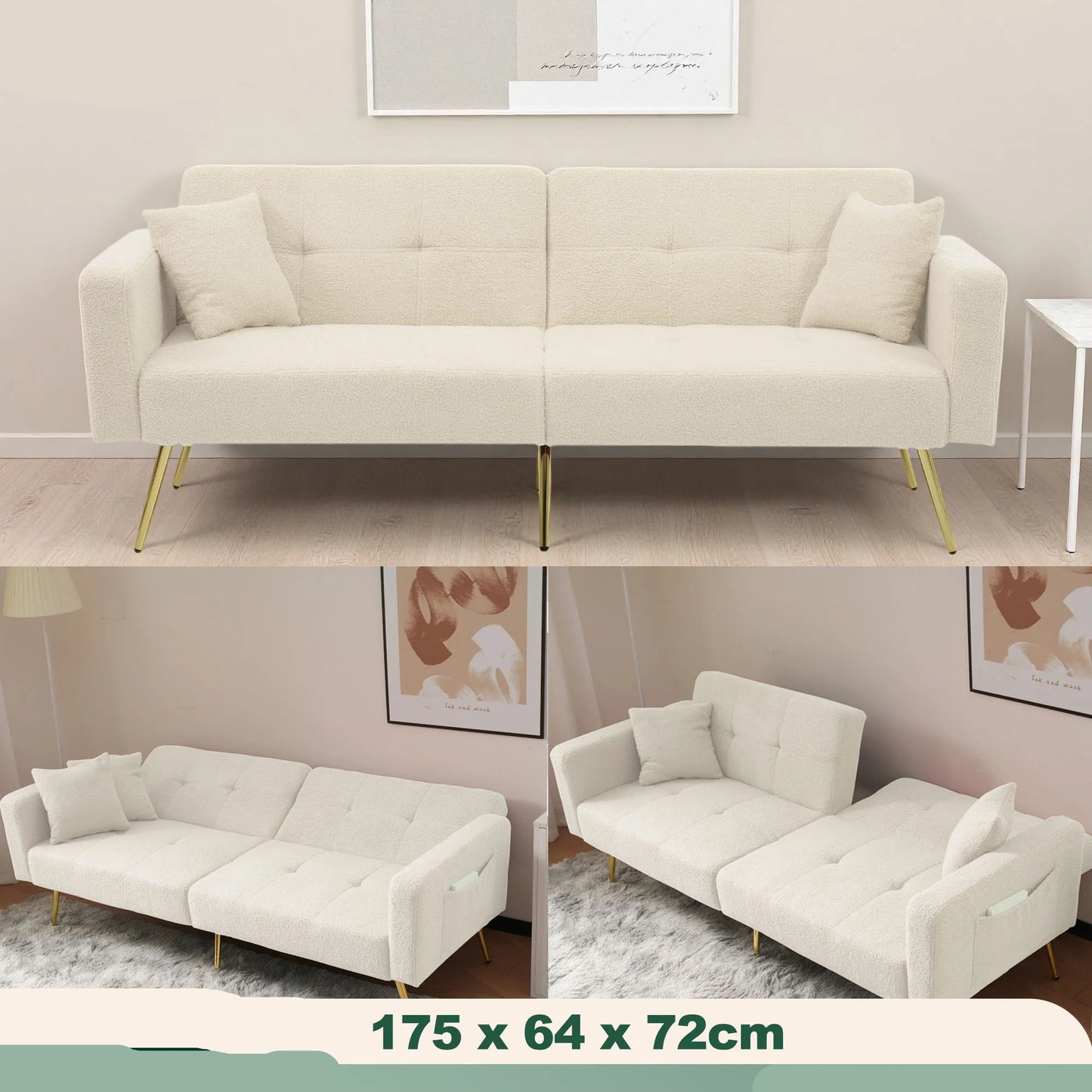 Sofa Bed – Slaapbank – Bedbank – Ombouwbank – Verstelbare Rugleuning – Velours Bekleed – Houten Frame