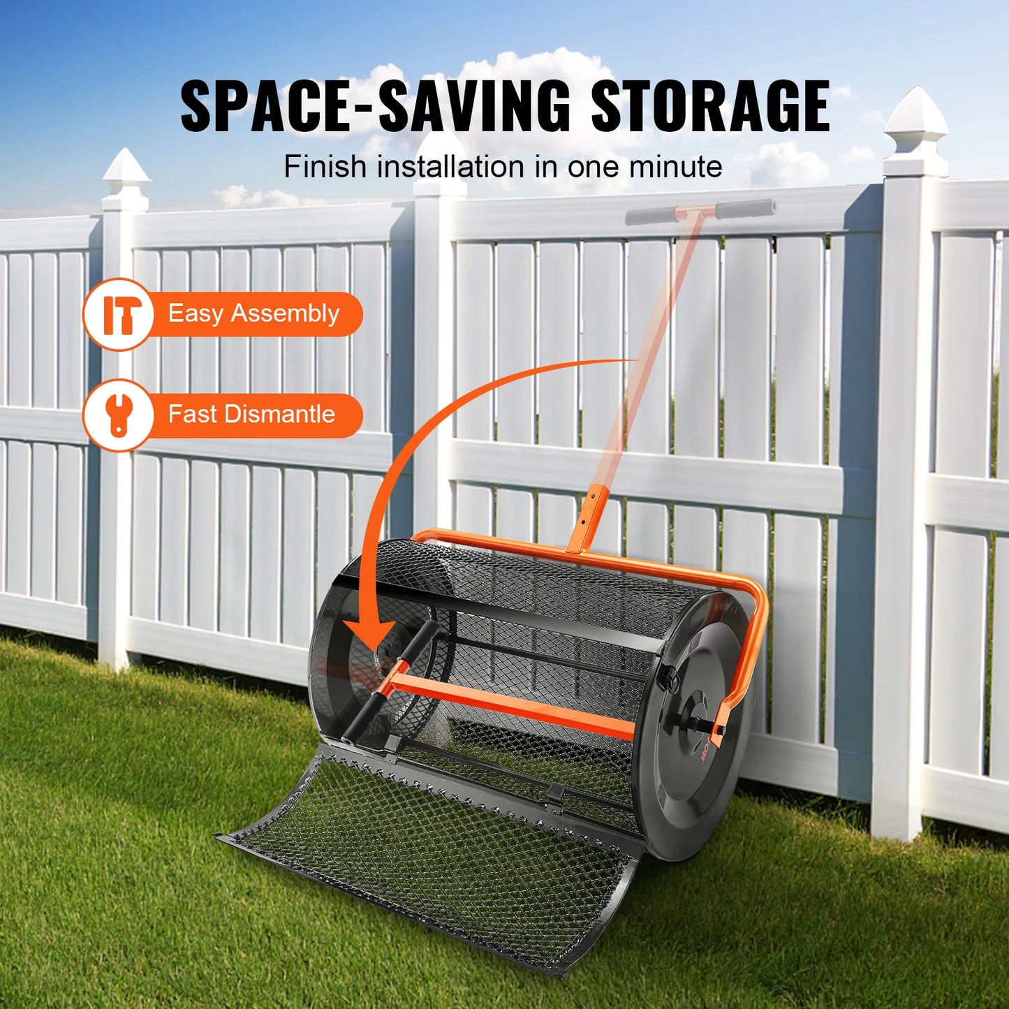 Compostverspreider - Strooiwagen - Lichtgewicht Ontwerp - Turf Mos Roller - Verstelbaar Handvat -  voor Tuin - Gazon - 24inch -  61 x 107 cm - Oranje/Zwart