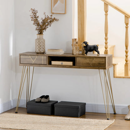 Consoletafel – Sidetable – Halmeubel – Opbergmeubel – Melamine Hout – Stalen Poten – Compact Formaat - 120 x 29 x 79 cm - Hout & Brons