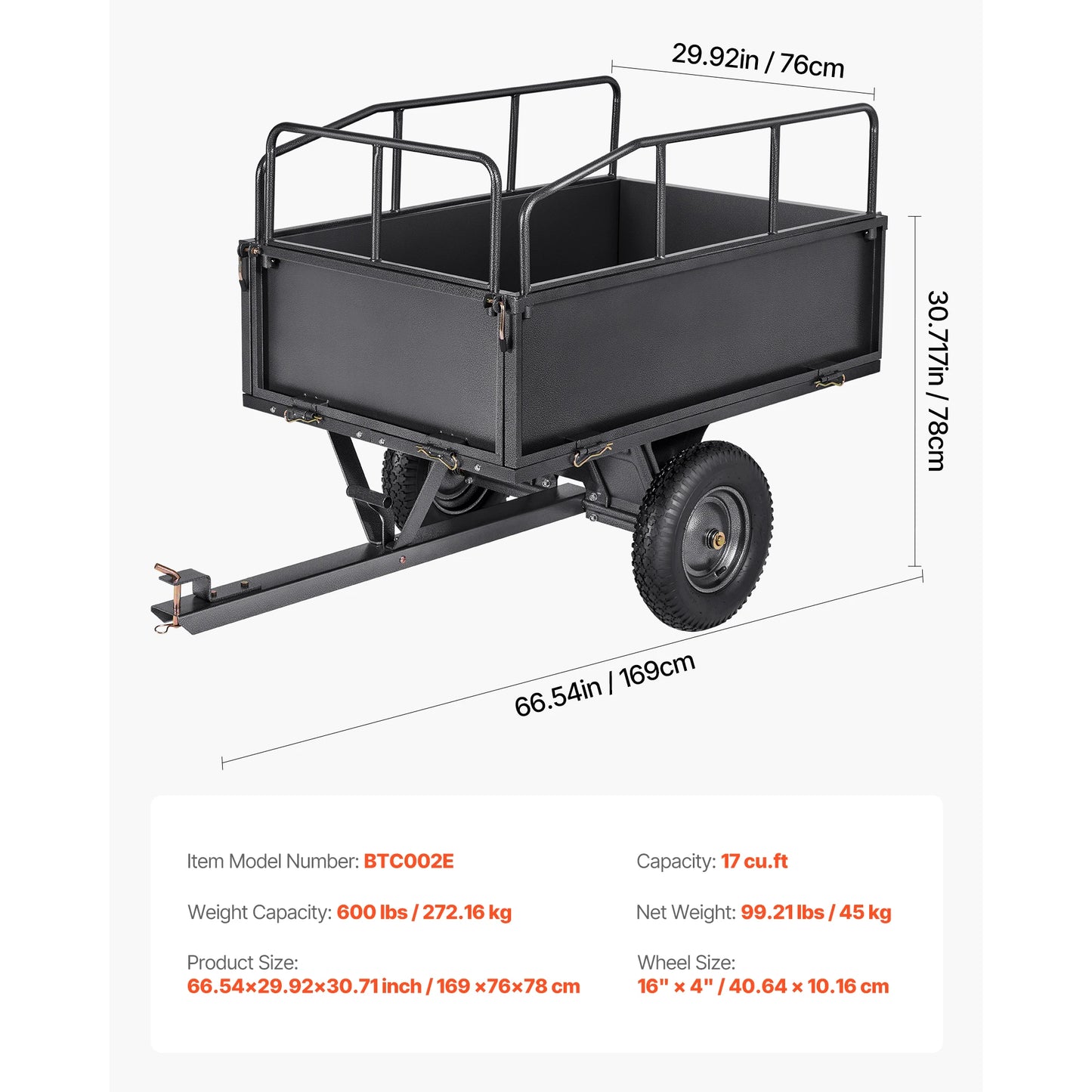 Tuinkipper – Tuinaanhanger – Kipper – Grasmaaier Aanhanger – ATV Trailer – 600 Kg Draagvermogen – 16 Inch Luchtbanden - 17cu.ft