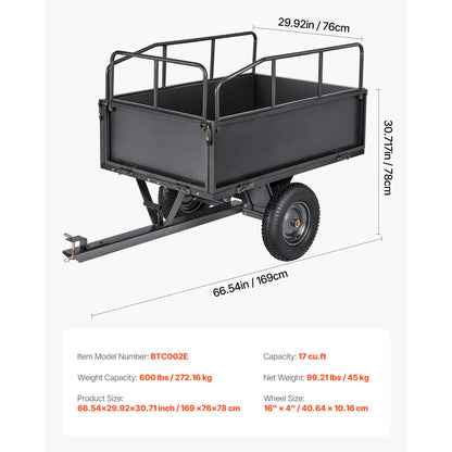 Tuinkipper – Tuinaanhanger – Kipper – Grasmaaier Aanhanger – ATV Trailer – 600 Kg Draagvermogen – 16 Inch Luchtbanden - 17cu.ft