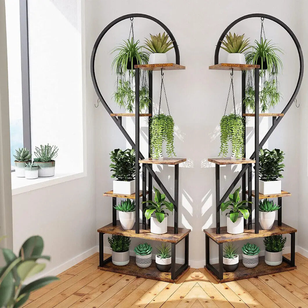 Plantenstandaard Binnen - Half Hartvorm - Plantenrek - Industrieel Plantenrek - Bloemenrek - 165cm Hoog - voor Binnen & Buiten – Metaal en MDF - voor 20 Potten
