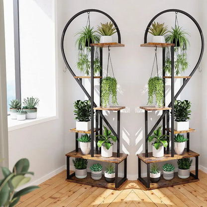 Plantenstandaard Binnen - Half Hartvorm - Plantenrek - Industrieel Plantenrek - Bloemenrek - 165cm Hoog - voor Binnen & Buiten – Metaal en MDF - voor 20 Potten