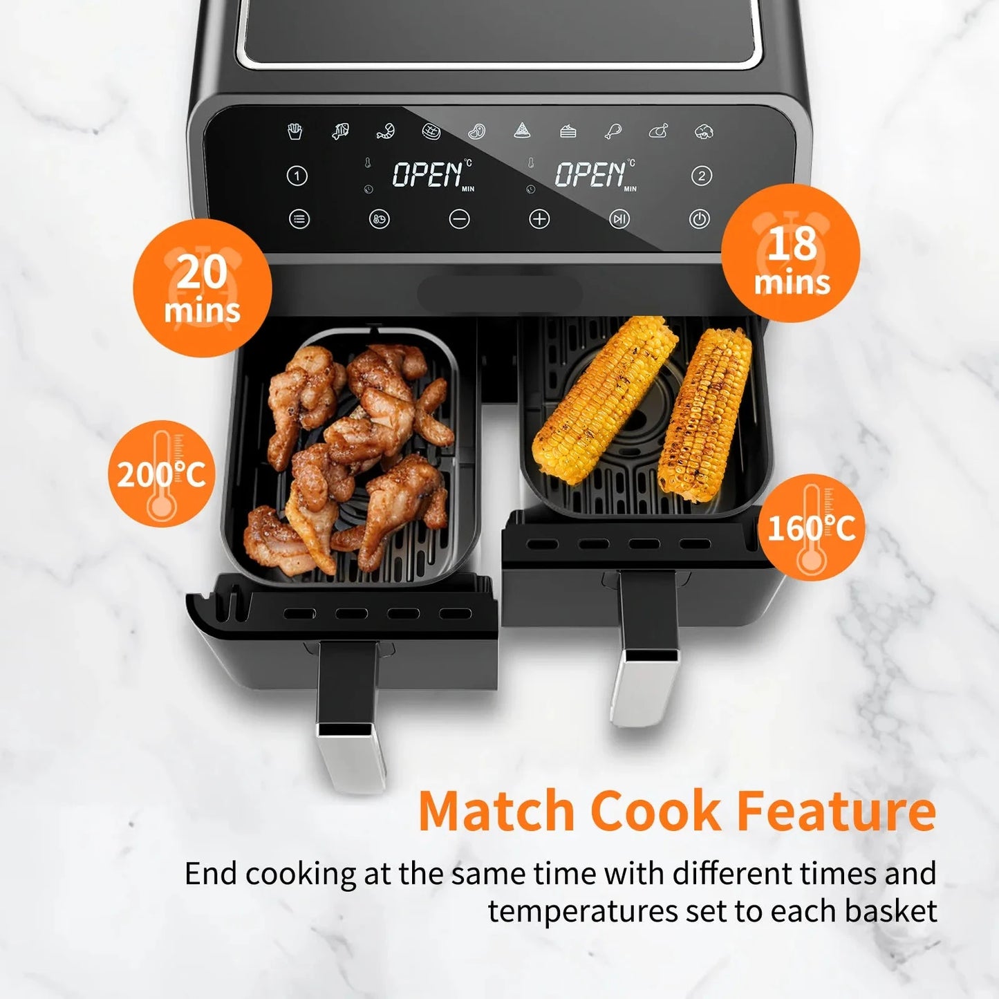 Digitale Airfryer - PFAS vrij - Groot 8 Liter - 2000W - Heteluchtfriteuse - Zwart - Digital screen - 6 Voorinstellingen - Inclusief in hoogte verstelbaar Grillrack - Elektrische friteuse - Intelligente elektrische oven zonder olierook