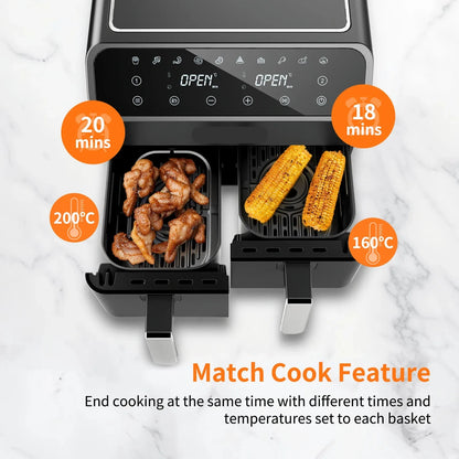 Digitale Airfryer - PFAS vrij - Groot 8 Liter - 2000W - Heteluchtfriteuse - Zwart - Digital screen - 6 Voorinstellingen - Inclusief in hoogte verstelbaar Grillrack - Elektrische friteuse - Intelligente elektrische oven zonder olierook