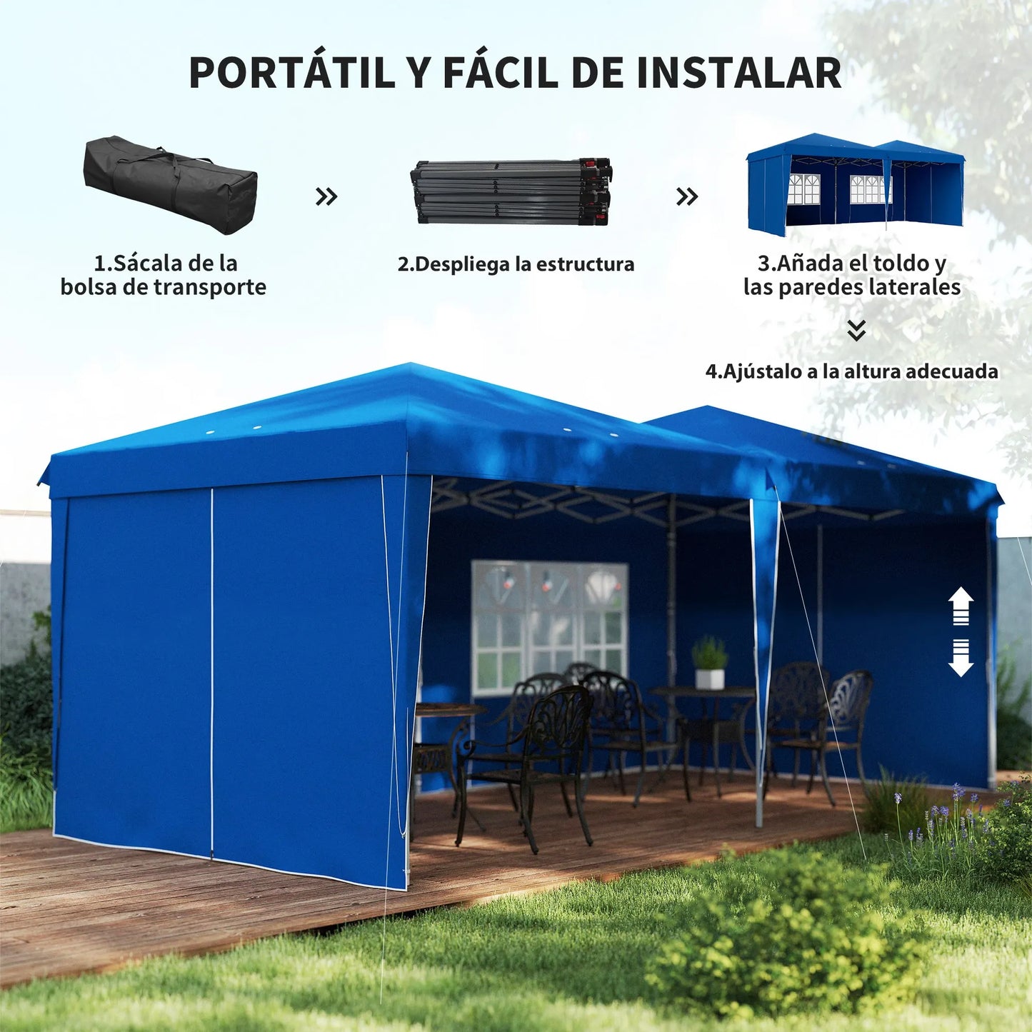 Tuinpaviljoen – Partytent – Tuitent – Vouwtent – Opvouwbare Tent – 3 x 6 Meter – Verstelbare Hoogte – Waterbestendig Frame - Blauw - QUORE