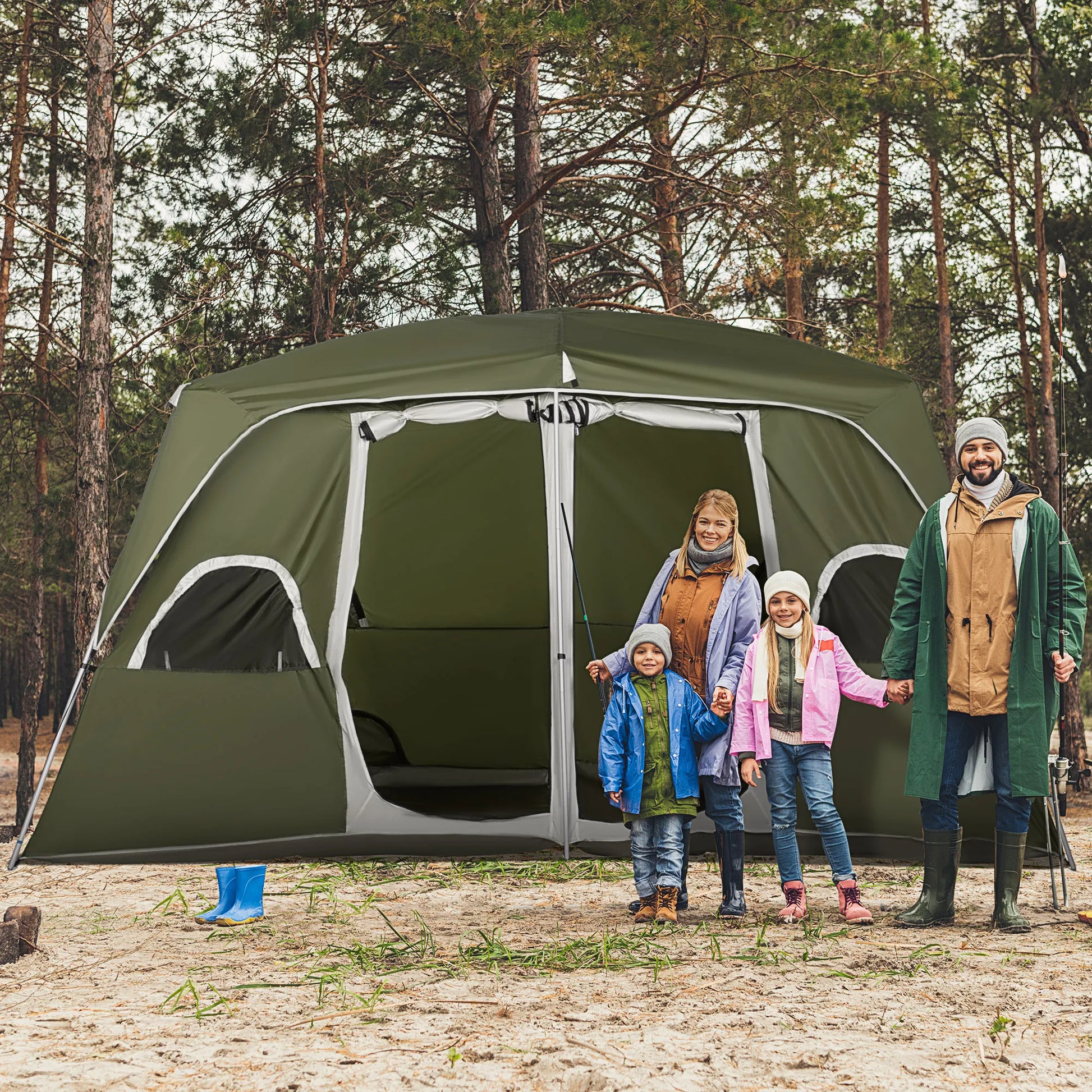 Gezinstent met 2 Slaapkamers - 400x275x210 cm Groene Tent - Waterdicht - UV-bestendig - Flexibele Glasvezel Stokken - 4-8 Personen - QUORE