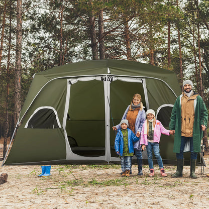 Gezinstent met 2 Slaapkamers - 400x275x210 cm Groene Tent - Waterdicht - UV-bestendig - Flexibele Glasvezel Stokken - 4-8 Personen - QUORE