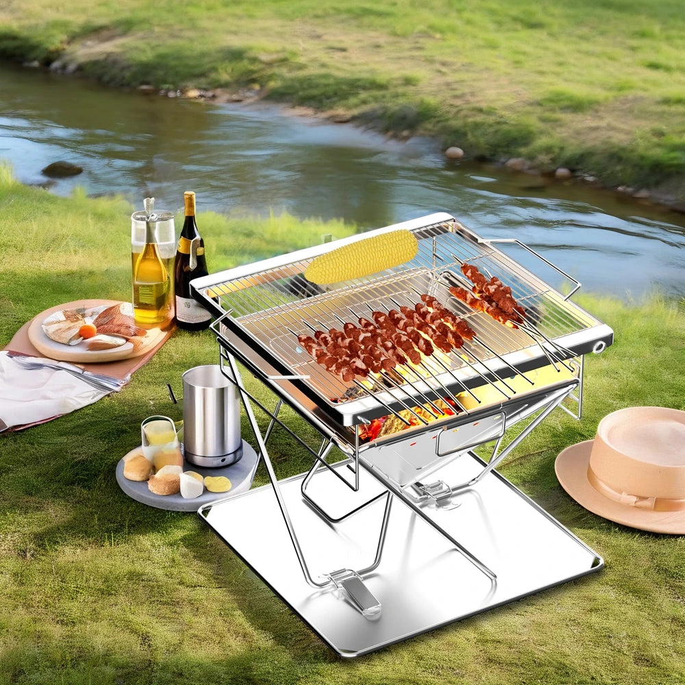 Opvouwbare Camping Vuurschaal - Draagbare Houtskoolgrill - Campvuur Grill - Verstelbare - BBQ-grill - RVS - voor Kamperen - en Buitenavonturen - Inclusief Draagtas