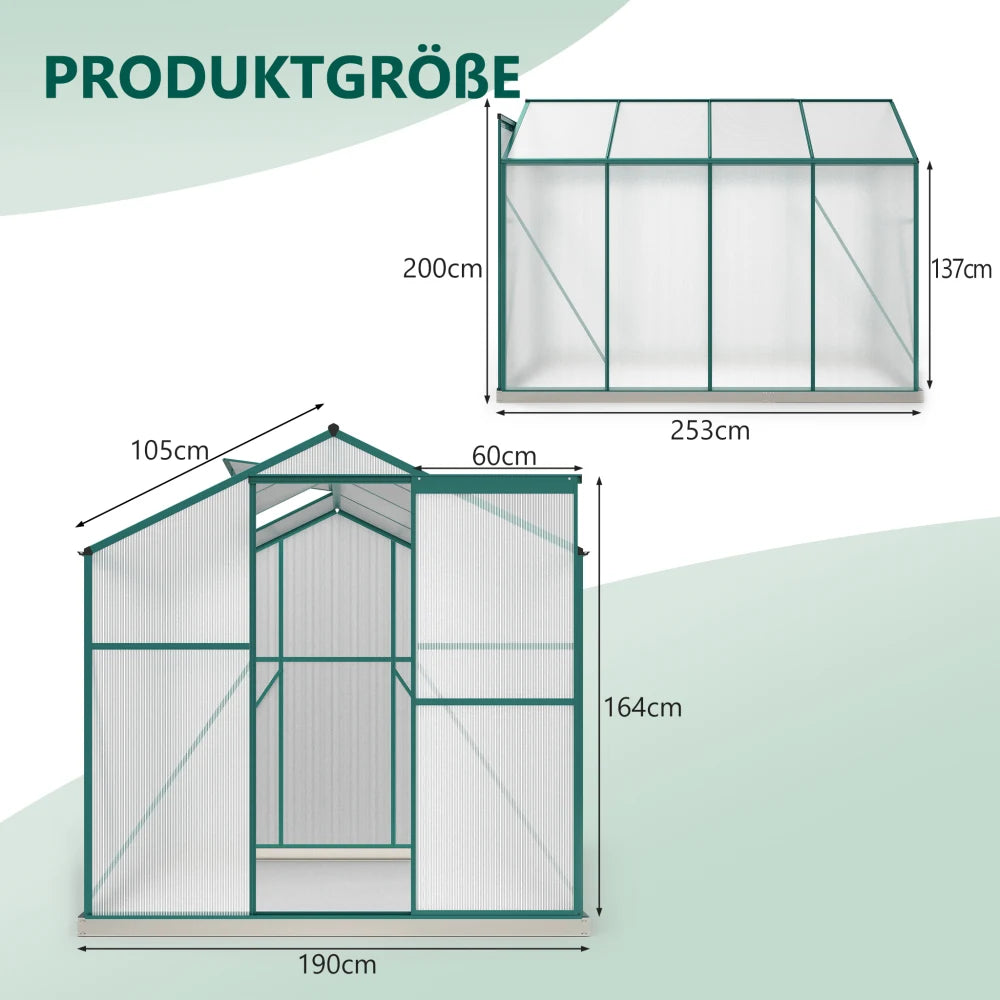 Kweektent – Kweekkast – Tuinkas – Groeikas – Plantenkas – Aluminium Kas met Gegalvaniseerde Fundering – 4,75 m² – 190x253 cm – Dakramen en Schuifdeur - QUORE