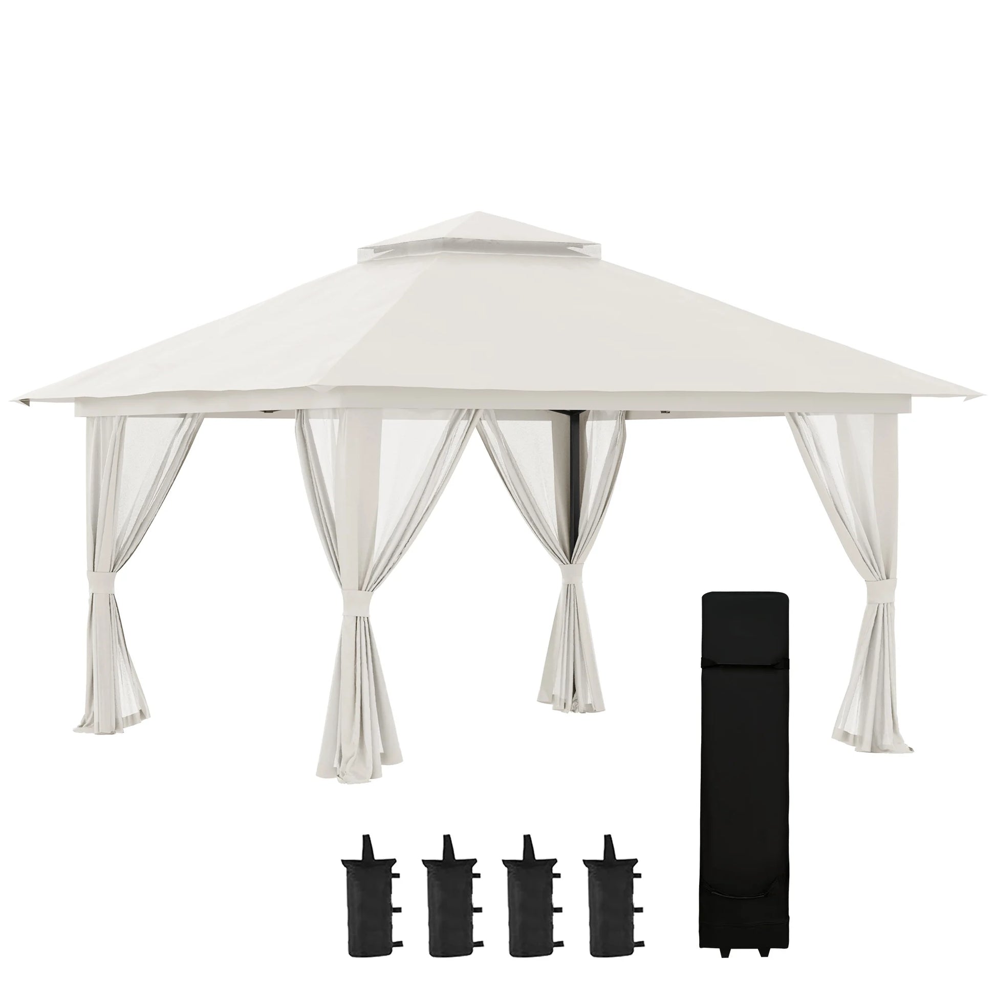 Tuinpaviljoen - Vouwtent – Pop-Up Tent – Opvouwbare Tent – Beschutting Tent – Verstelbare Hoogte – Waterafstotend Oxford Polyester – Metalen Frame - 4 x 4 m - Crème - QUORE