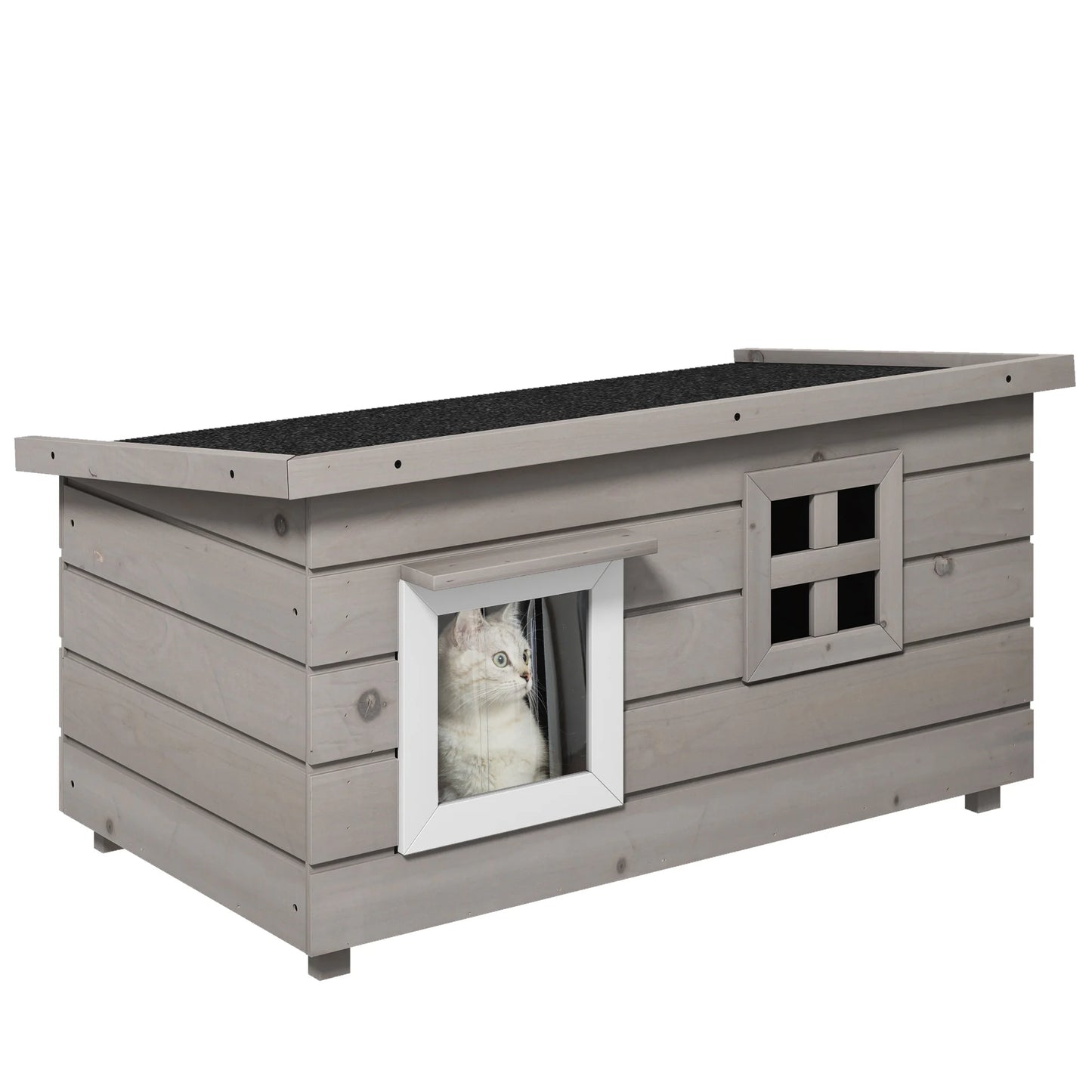 Kattenhuis – Kattenhut – Kattenhok – Kattenmand – Kattenverblijf – Weerbestendig Asfalt Dak – Gemaakt van Grijs Vurenhout