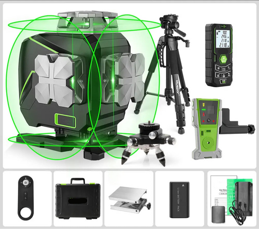 Laserwaterpas – Kruislijnlaser – Lijnlaser – Bouwlaser – Zelfnivellerend – 16 Groene Lijnen – Bluetooth Bediening - met Ontvanger - Statief - Adapter - Afstandsmeter