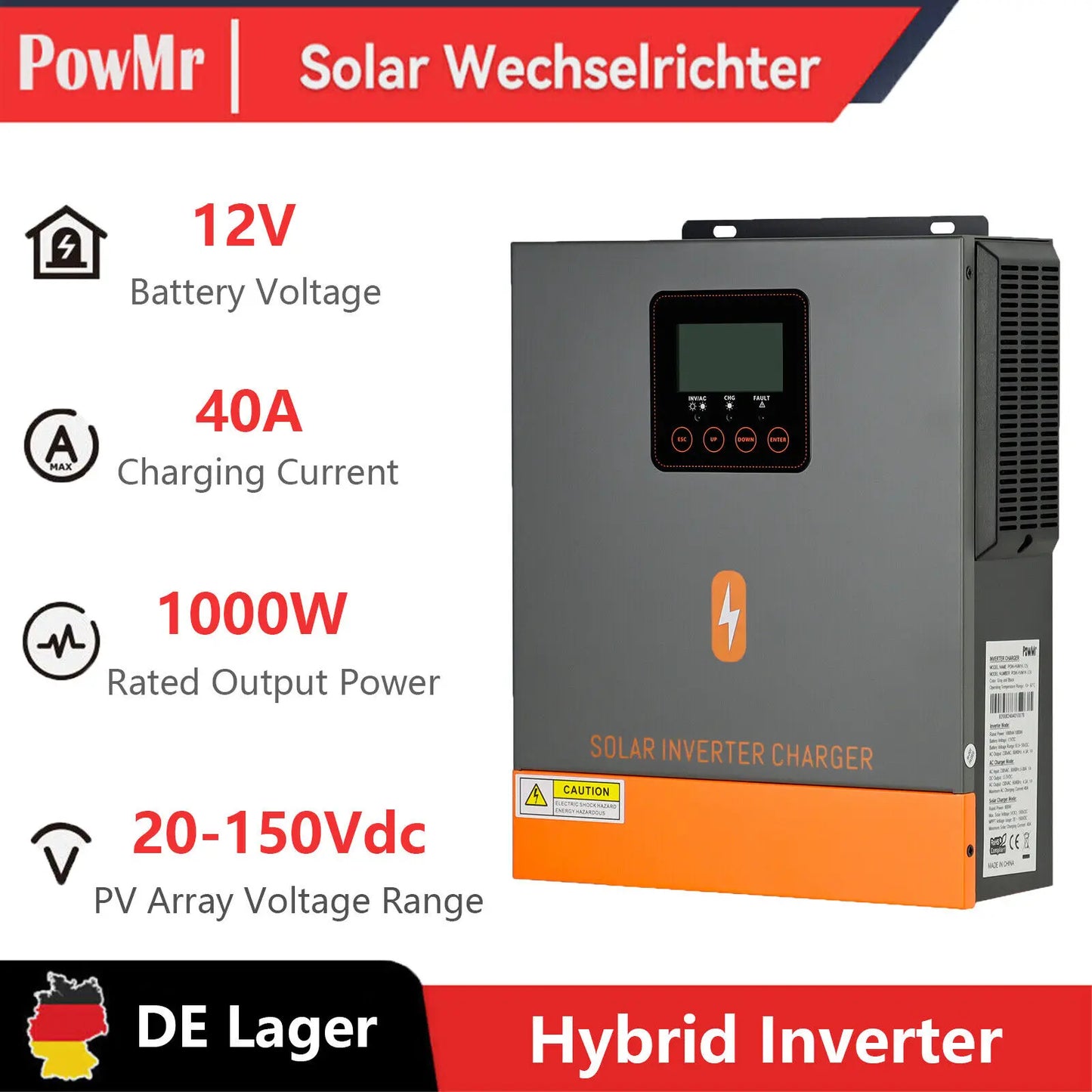 PowMr 1000W Hybrid Solar Inverter 12V 150V Pure Sine Wave Off Grid Solar Inverters 40A MPPT Solar Charge Controller Built-in BMS - QUORE