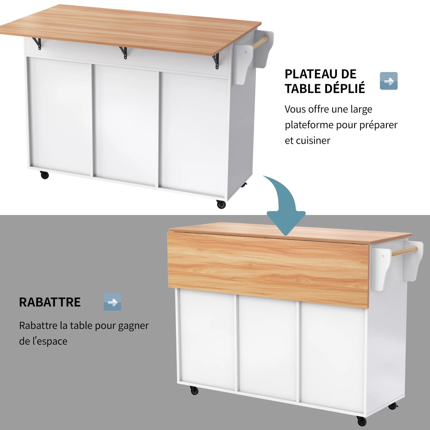 Keukenwagen – Keukentrolley – Keukenkar – Keukenmeubel – Bergwagen – Uitklapbaar Tafelblad – Wielen Met Remmen – 129x46(71)x91,5 cm – MDF Wit/Natuur