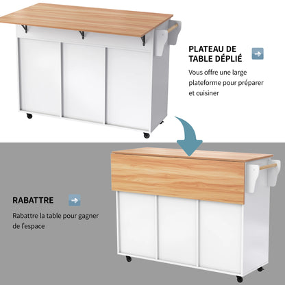 Keukenwagen – Keukentrolley – Keukenkar – Keukenmeubel – Bergwagen – Uitklapbaar Tafelblad – Wielen Met Remmen – 129x46(71)x91,5 cm – MDF Wit/Natuur