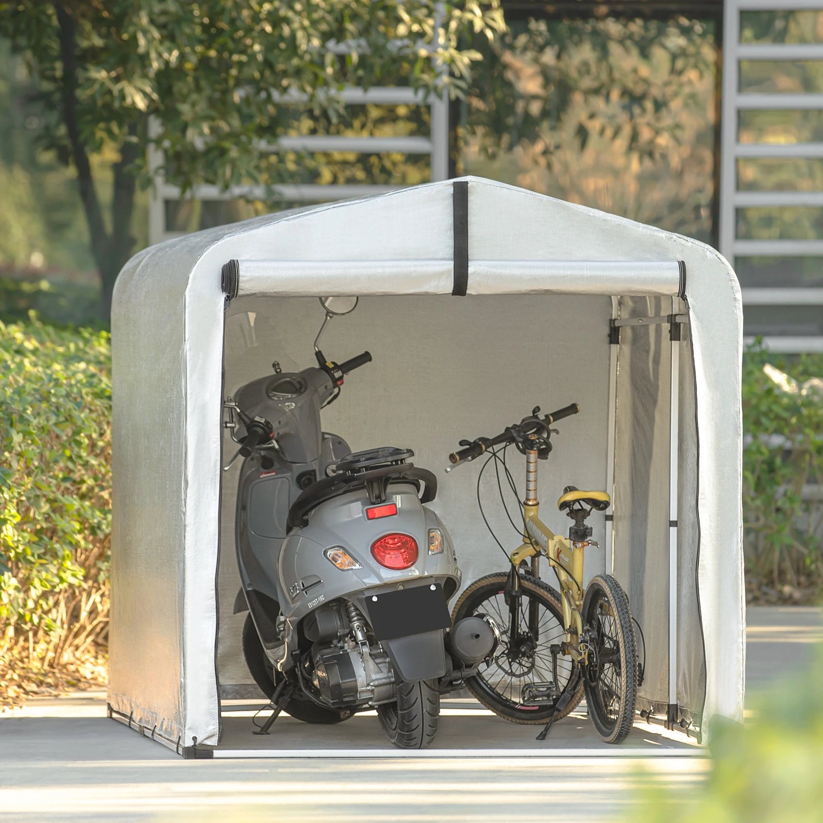 Fietsenstalling – Fietsberging – Fietsenhok – Gereedschapsschuur – Tuinberging – Grijs – Aluminium Frame – Waterdichte PE Cover – 159x165x219 cm - QUORE