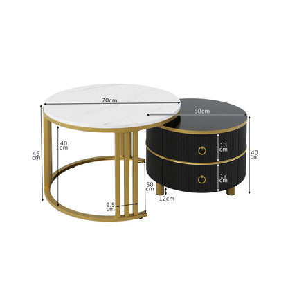 Ronde Salontafel – Bijzettafel – Woonkamertafel – Opbergtafel – 2-in-1 Set – Marmerlook Hoogglans – MDF Met Lade – 70x70x46 cm + 50x50x40 cm – Luxe Modern Design
