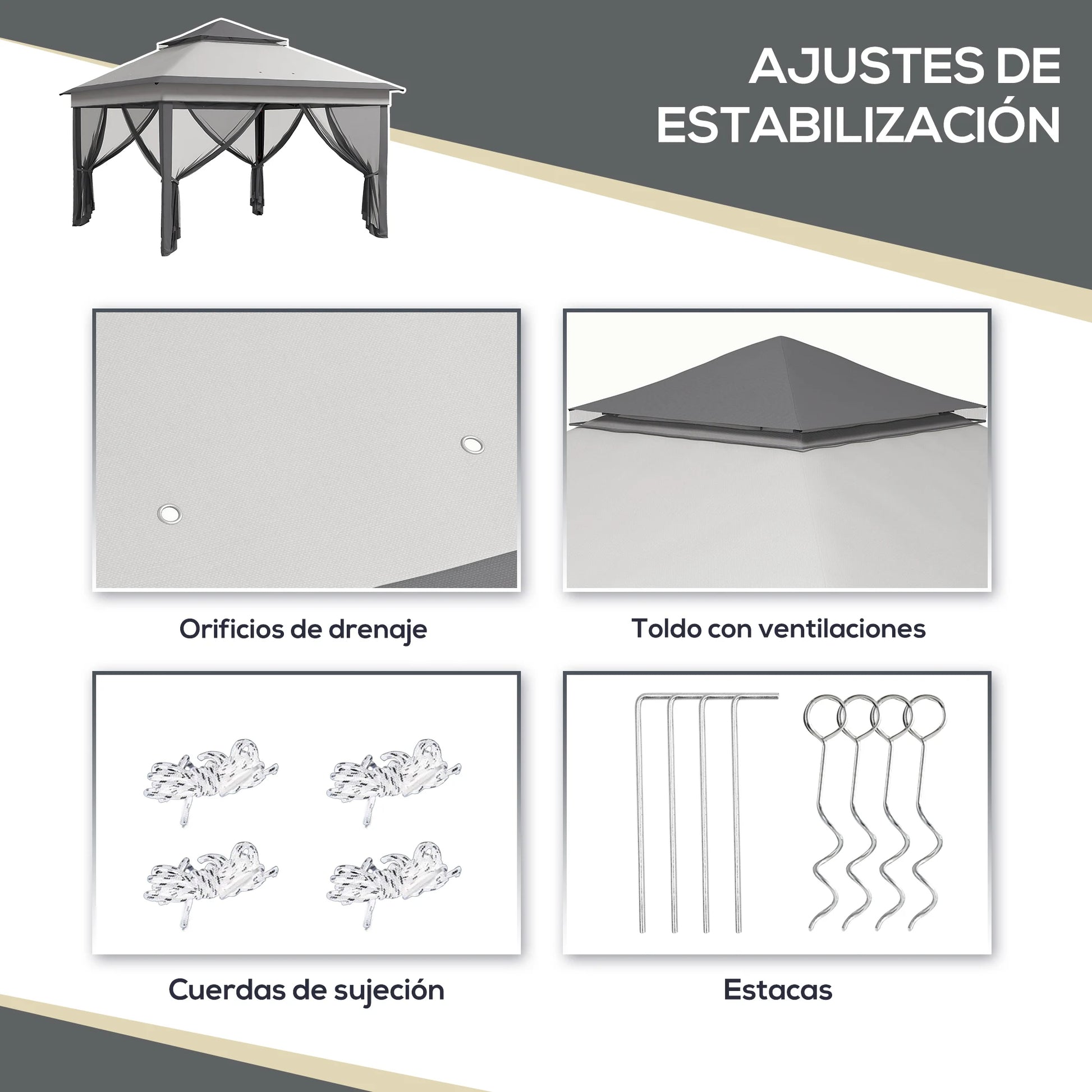Paviljoen - Tuinpaviljoen - Partytent - Tuintent - Pop-up Kliksysteem - Stabiel - Vouwtent - met Mesh Cover - Draagtas - Opvouwbaar - Waterdicht - Winterbestendig - 50+UV-Bescherming - voor Tuin - Buiten - Achtertuin - 326 x 326 x 272 cm - Grijs - QUORE