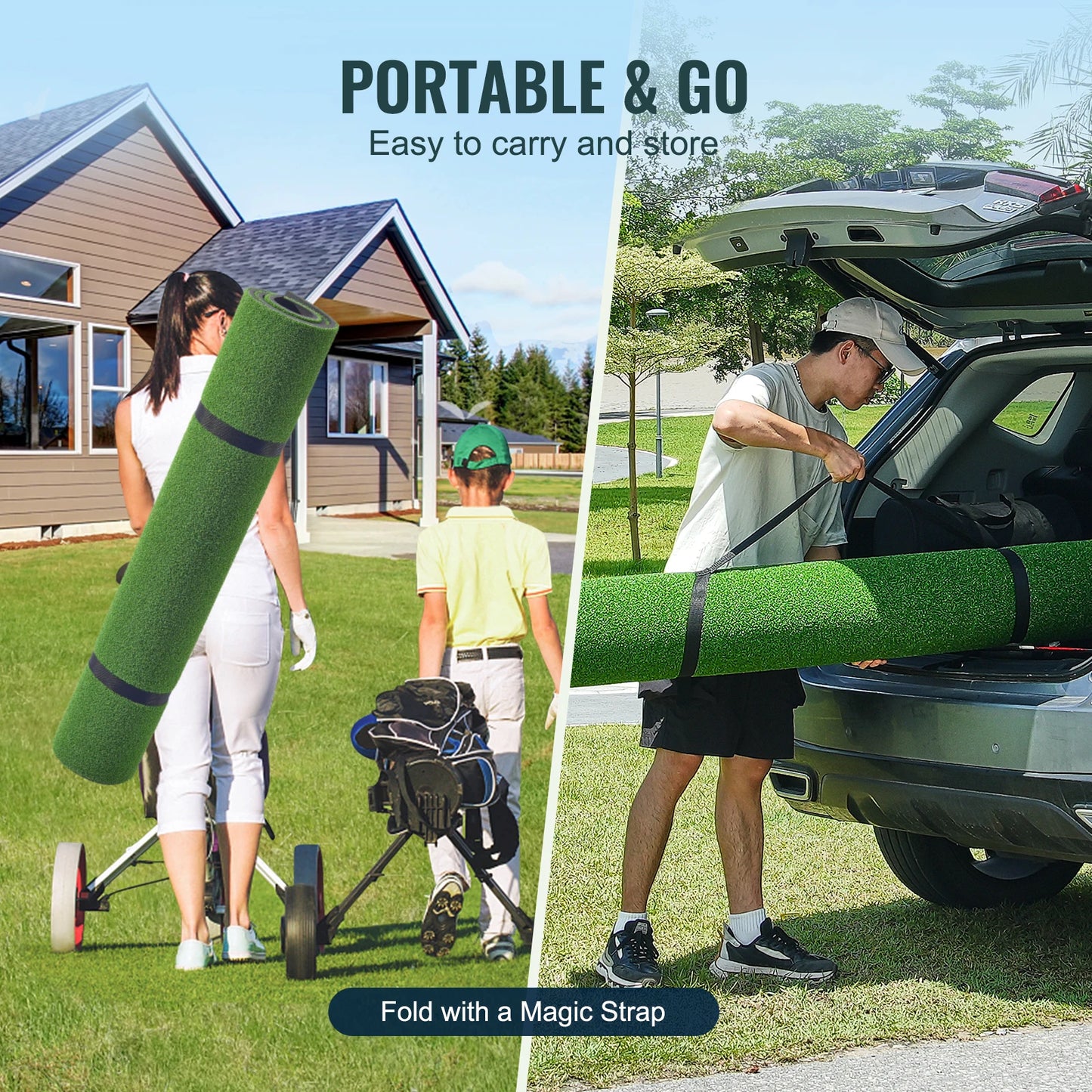 Golf oefenmat met 2 rubberen tees en 2 uitlijnstokken – Golfmat met 6 slagposities – Voor binnen- en buitengebruik – Golf trainingsset