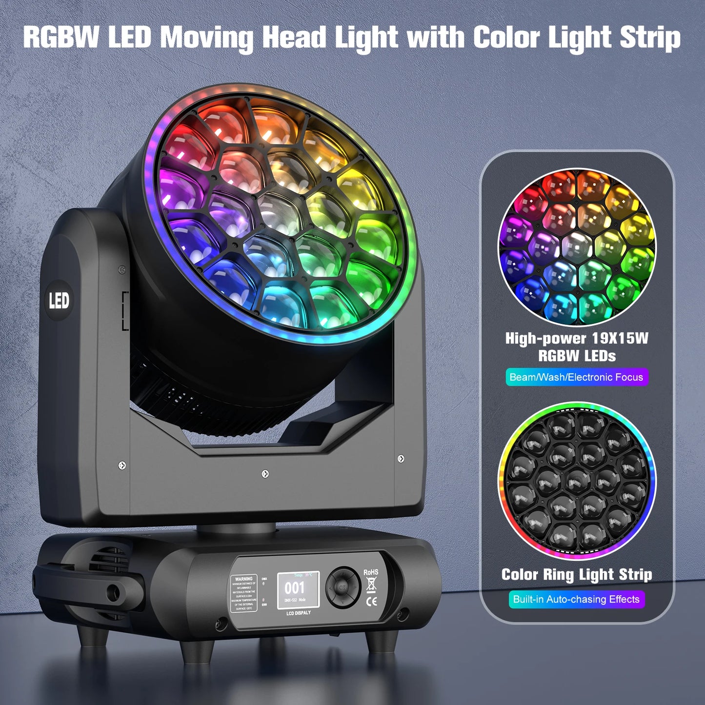 RGBW LED Moving Head Licht – Moving Head Spot – Dj Licht – Podiumverlichting – Disco Licht – 19x15W RGBW LEDs – 540° Pan & 220° Tilt – EU Stekker