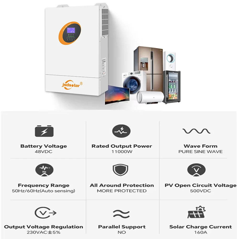 11 kW Hybride Zonne-omvormer – Zonne-energie Omvormer – Solar Inverter – Batterij Omvormer – Energie Omvormer – WiFi Connectiviteit – 160A MPPT Dual PV Input