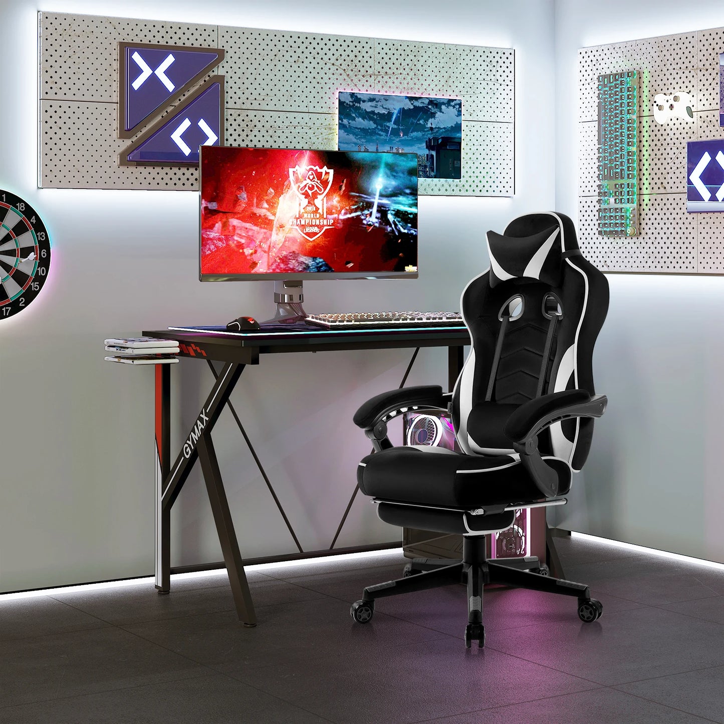 Ergonomische Gaming- en Bureaustoel – Comfortabele Werkstoel – Verstelbare Rugleuning – Voetensteun – Stof – Maximale Draagkracht 120 Kg – Zwenkwielen - Wit