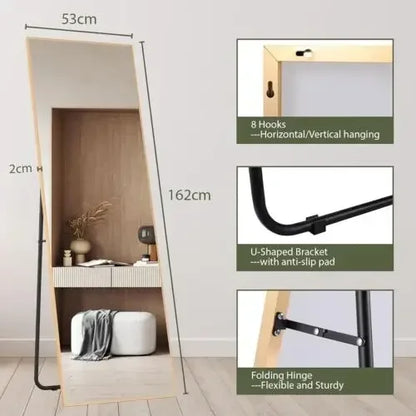 Spiegel - 162x53 cm – Spiegel Staand - Wandspiegel - Full Length - Rechthoekig Design - met Slanke Metalen Frame - Kristalhelder HD Glas - 3-in-1 Gebruik - Goud Rechte Hoek - QUORE