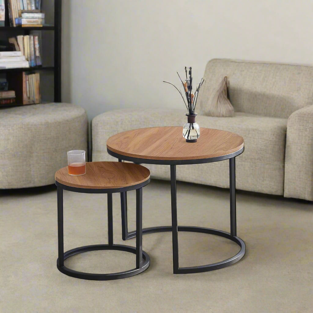 Tafel - 2pcs - Scandinavische Ronde Tafel - Modern Minimalistisch - Massief Houten Deksel - Stalen Frame - L60 x B60 x H44.5cm (Groot)- L40 x B40 x H34.5cm (Klein) - Donkere Eik - QUORE