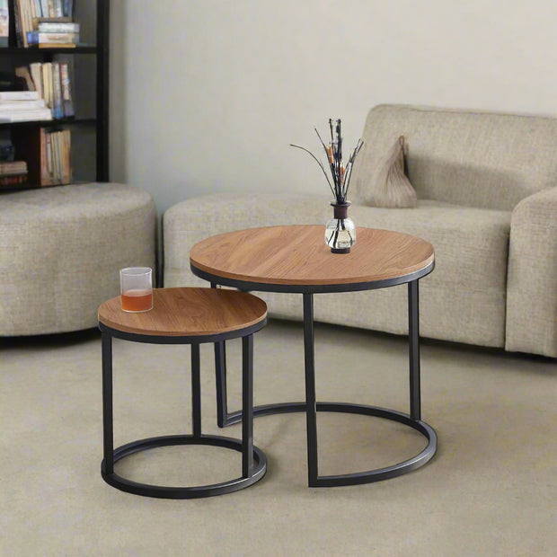 Table - 2pcs - Scandinavian Round Table - Modern Minimalist - Solid Wood Lid - Steel Frame - L60 x W60 x H44.5cm (Large) - L40 x W40 x H34.5cm (Small) - Dark Oak