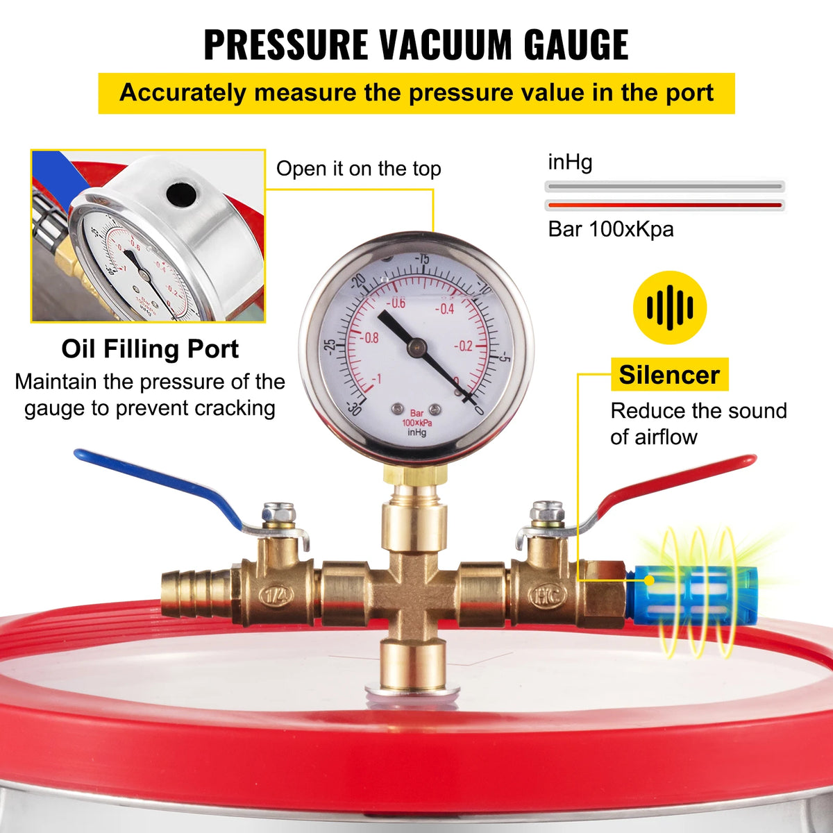 Vevor - Vacuum Chamber - 1.5 Gallon Vacuum Degassing Chamber - Glass Lid - Stainless Steel Degassing Chamber - Silicone for Gas Extraction - Silver