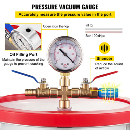 Vevor - Vacuum Chamber - 1.5 Gallon Vacuum Degassing Chamber - Glass Lid - Stainless Steel Degassing Chamber - Silicone for Gas Extraction - Silver