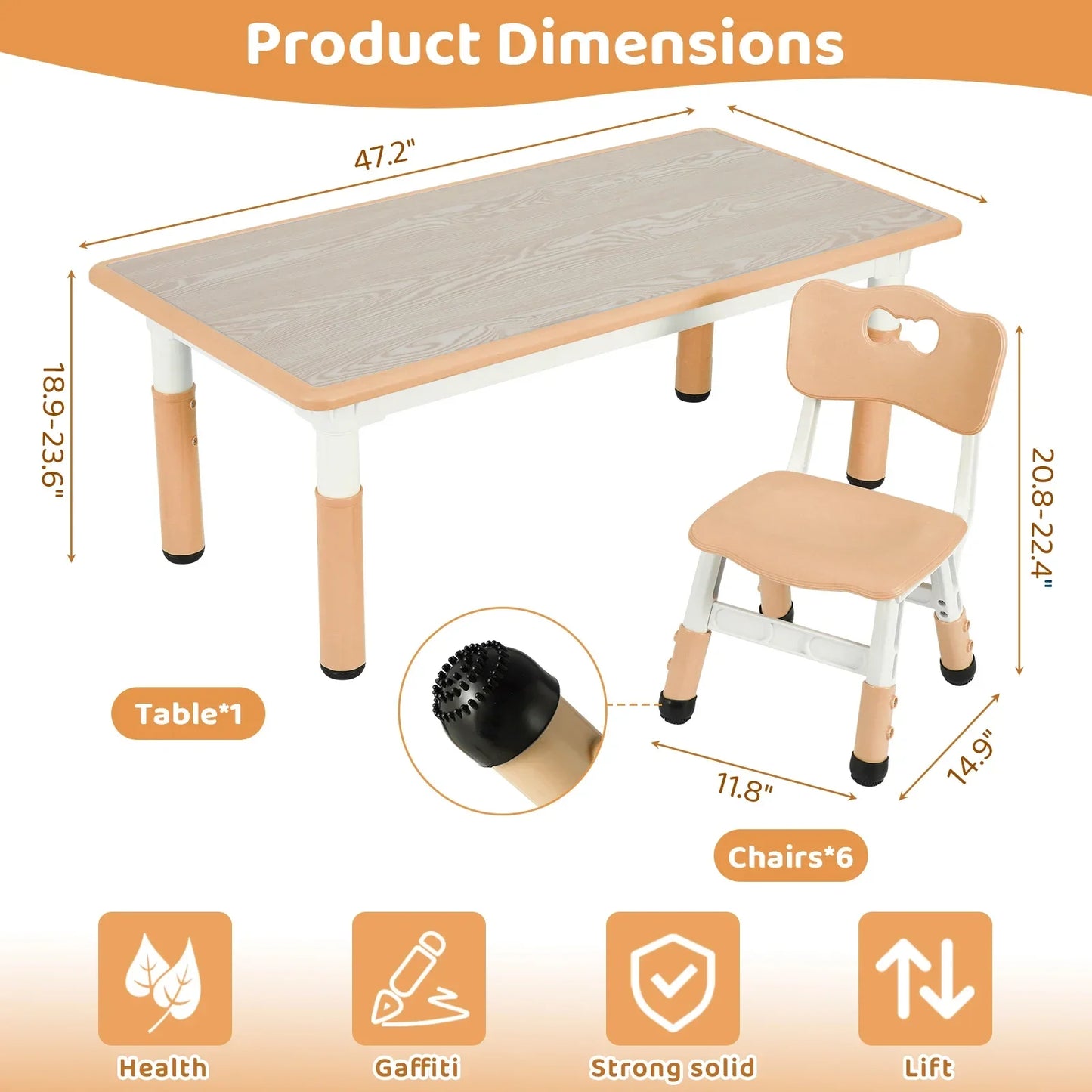 Kinder Tafel Met 6 Stoelen – Kindertafel Set – Speeltafel – Knutseltafel – Kindermeubel – Verstelbare Hoogte – Duurzaam Kunststof En Houtlook - Geel - QUORE