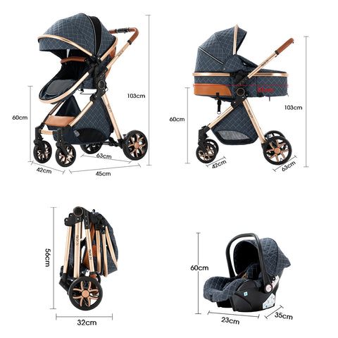 Kinderwagen - Buggy - Inklapbare Buggy - Opvouwbare Buggy - Inklapbare Buggy New Born - 3 in 1 -BabyWalker- High Landscape - Blauw