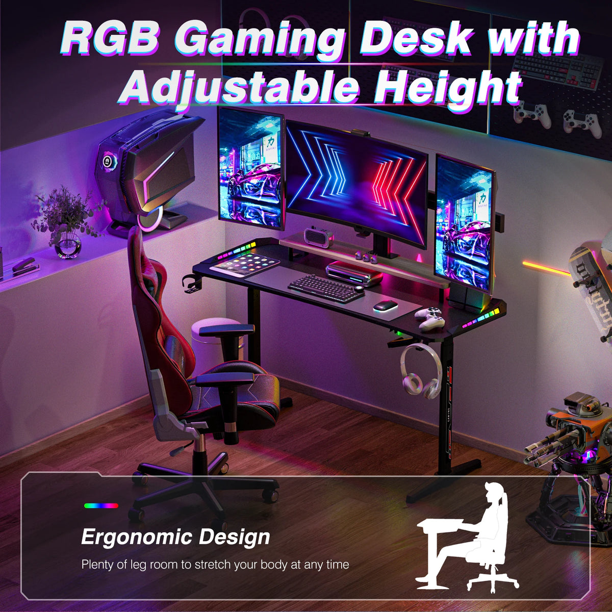 Groot Laptop Computer Bureau - Gaming en Thuiskantoor - met RGB LED Verlichting - Hoogte Verstelbaar - 160x60.5x120cm - Rechthoekig Staand Bureau - Zwart