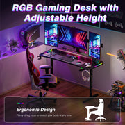 Groot Laptop Computer Bureau - 160x60.5x120cm - Rechthoekig Staand Bureau - Gaming en Thuiskantoor - met RGB LED Verlichting - Hoogte Verstelbaar - Zwart