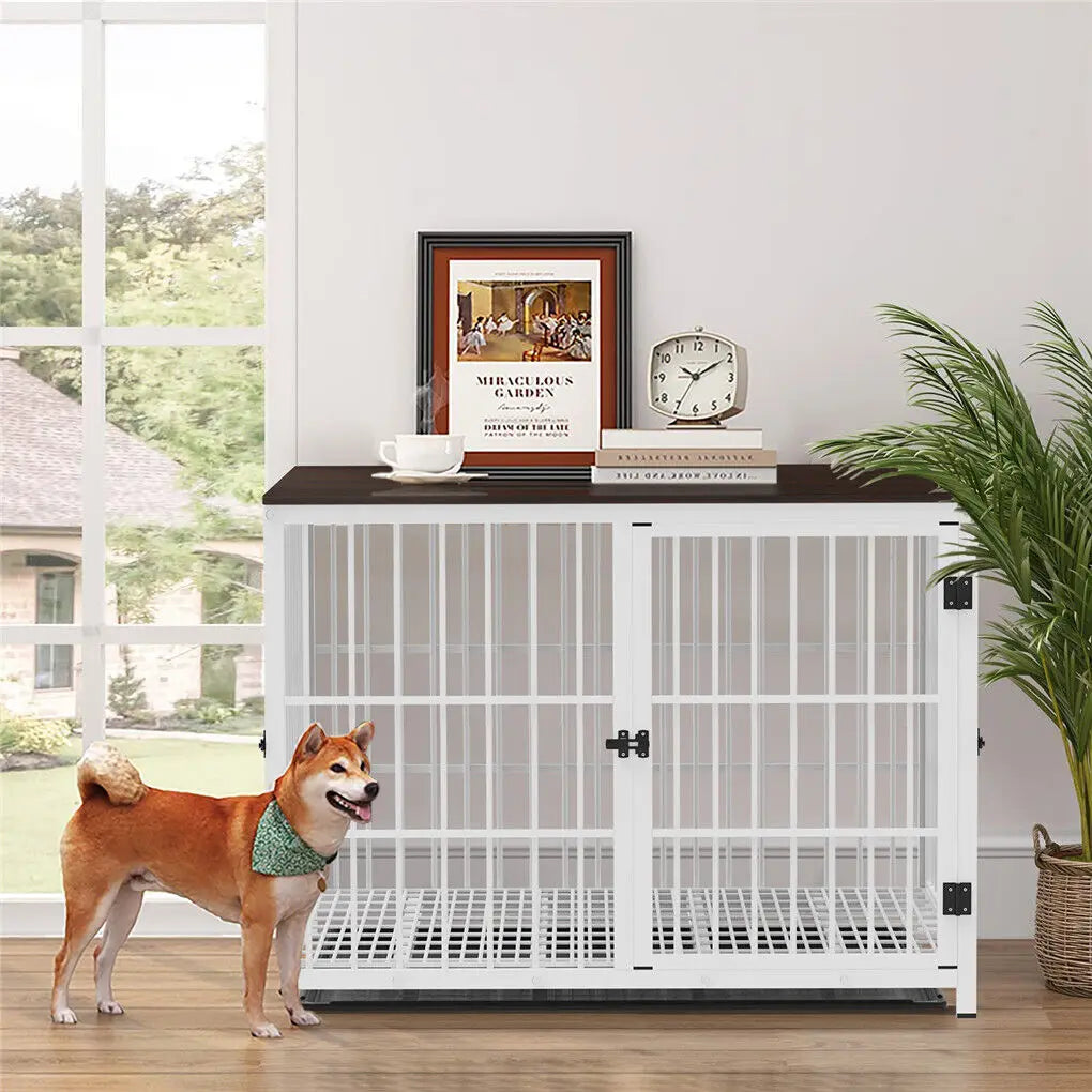 Hondenkennel – Hondenkooi – Hondentuin – Hondenbench – Hondenkooi Met Tafelblad – Wit Met Metalen Frame – Drie Deuren En Uitneembare Onderschaal - QUORE