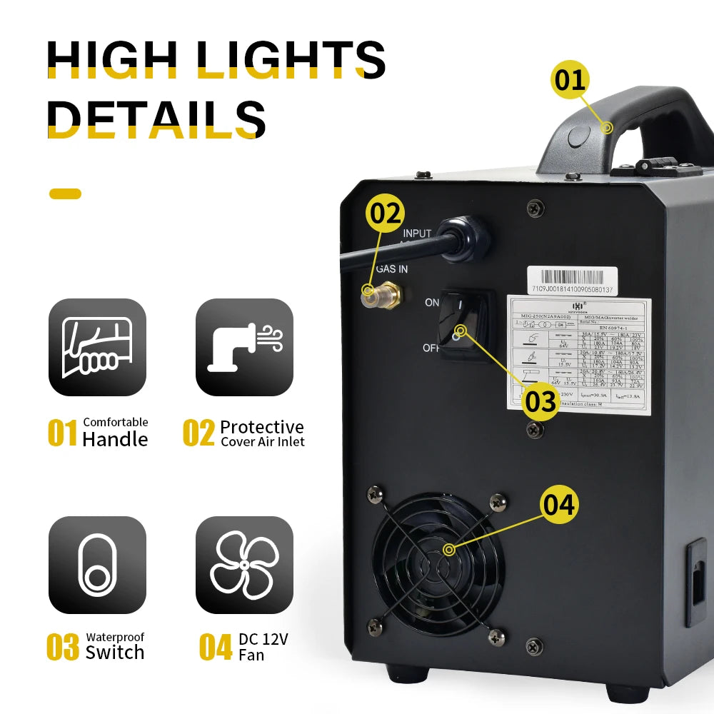Elektrode Lasmachine - Lasmachine - Lasapparaat - Digitaal Inverterlassen - Draagbare MIG-lasser - AC 230V - 50/60Hz - AC - DC - MIGCO2 - LIFT TIG - ARC - IGBT - 250A - 53 x 29 x 48 cm - Zwart