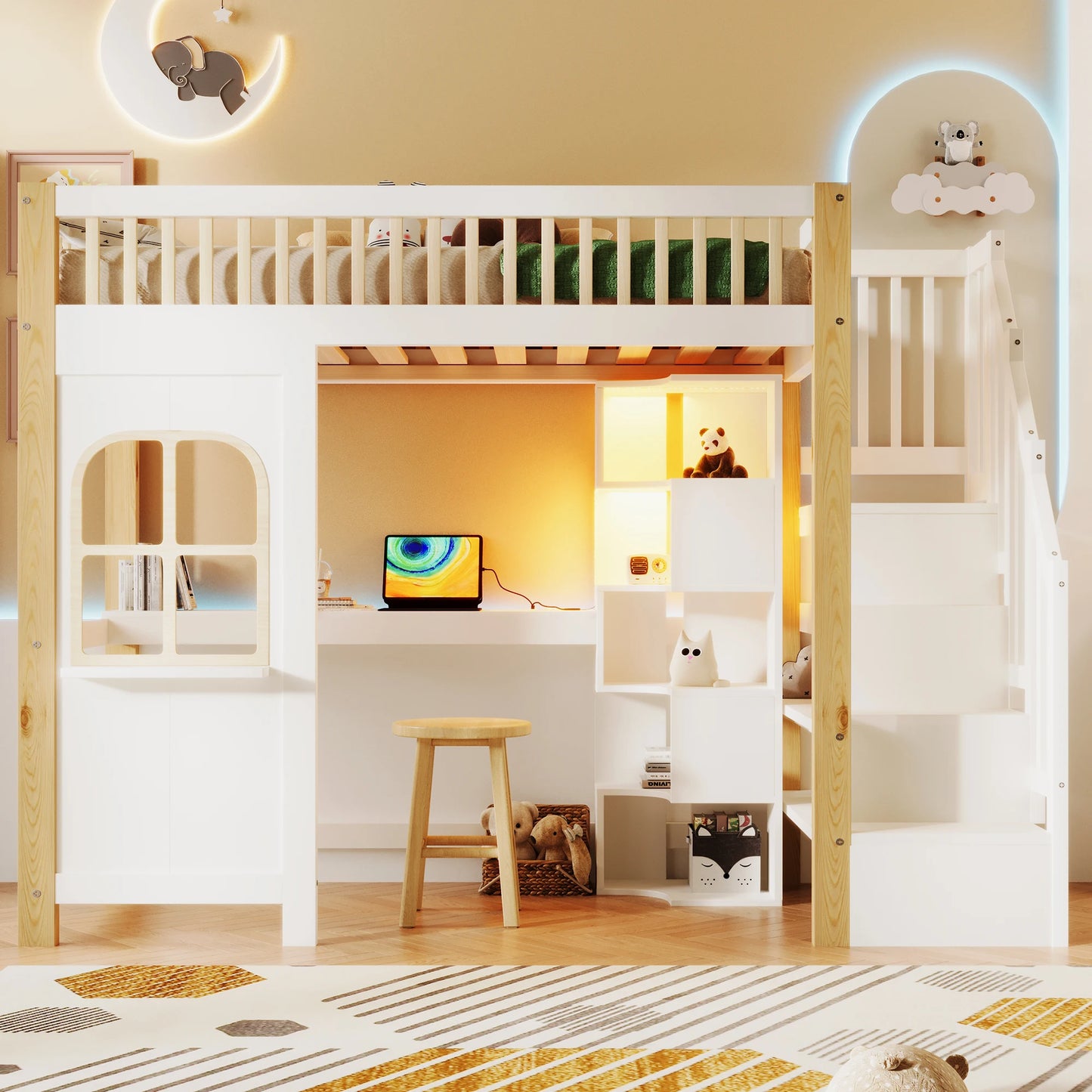Hoogslaper – Kinderbed – Stapelbed – Bedframe – Huisvormig Bed – 90x200 cm – Massief Hout – Veel Opbergruimte Met Kastjes En Trap