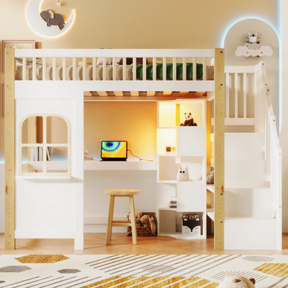 Hoogslaper – Kinderbed – Stapelbed – Bedframe – Huisvormig Bed – 90x200 cm – Massief Hout – Veel Opbergruimte Met Kastjes En Trap