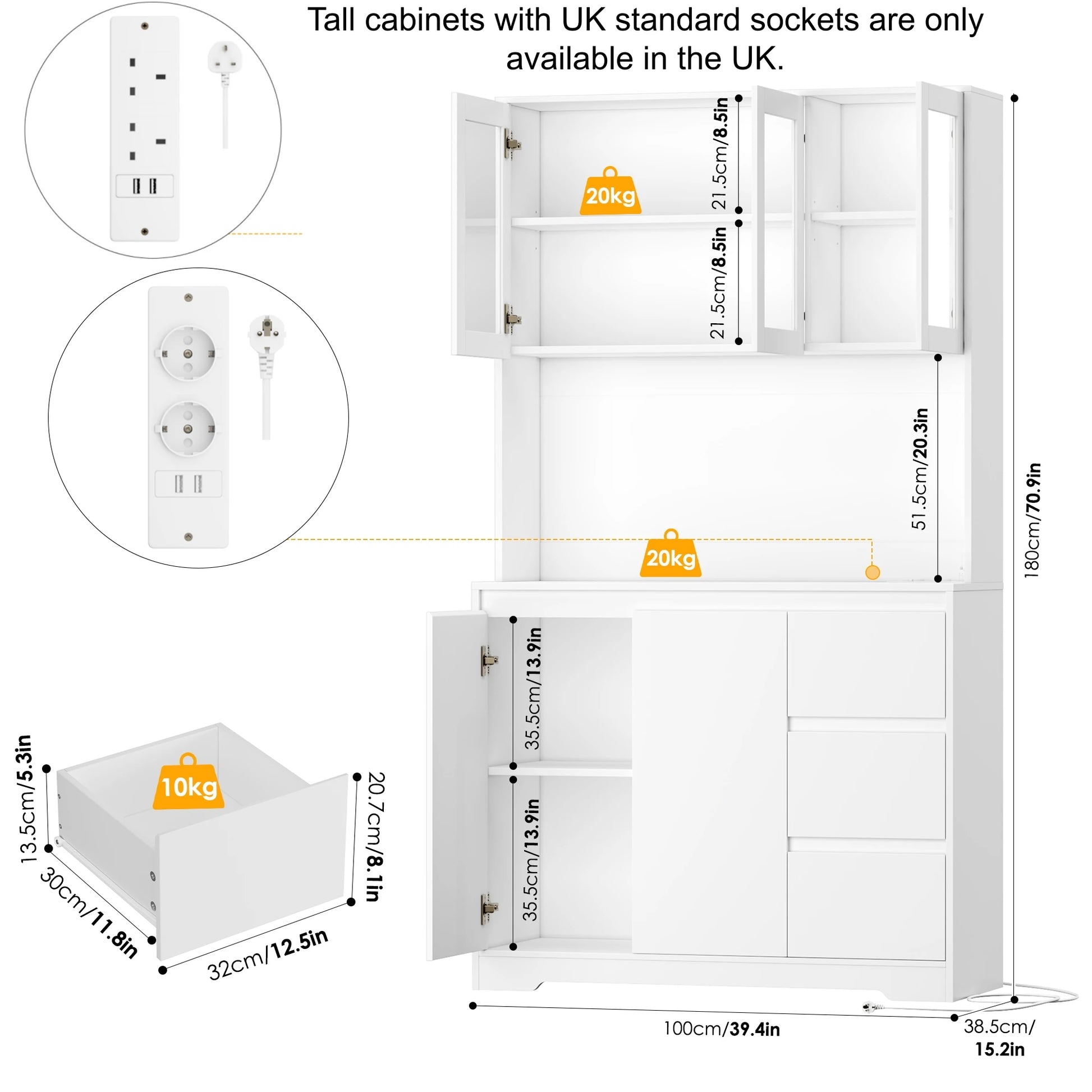 Keukenbuffet – Keukenkast – Buffetkast – Keukenopberger – Keukenmeubel – Wit – Met LED-verlichting – Stopcontacten met USB – 180 cm Hoog – 6 Verstelbare Planken – 3 Lades - QUORE