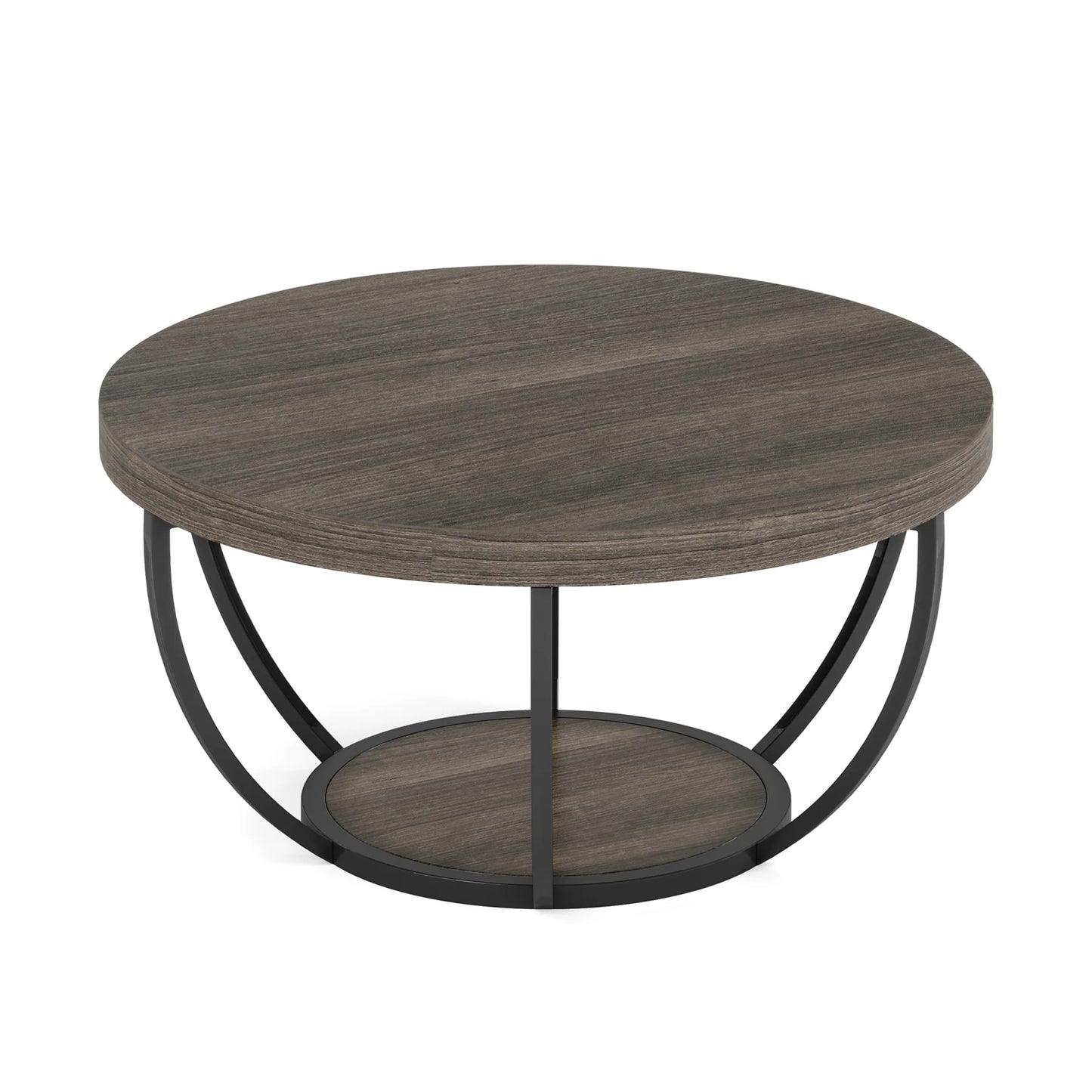 Ronde Salontafel – Bijzettafel – Koffietafel – Woonkamertafel – Houten Tafel – 80 Cm Diameter – Stevige Metalen Poten - Grijs en Zwart - QUORE