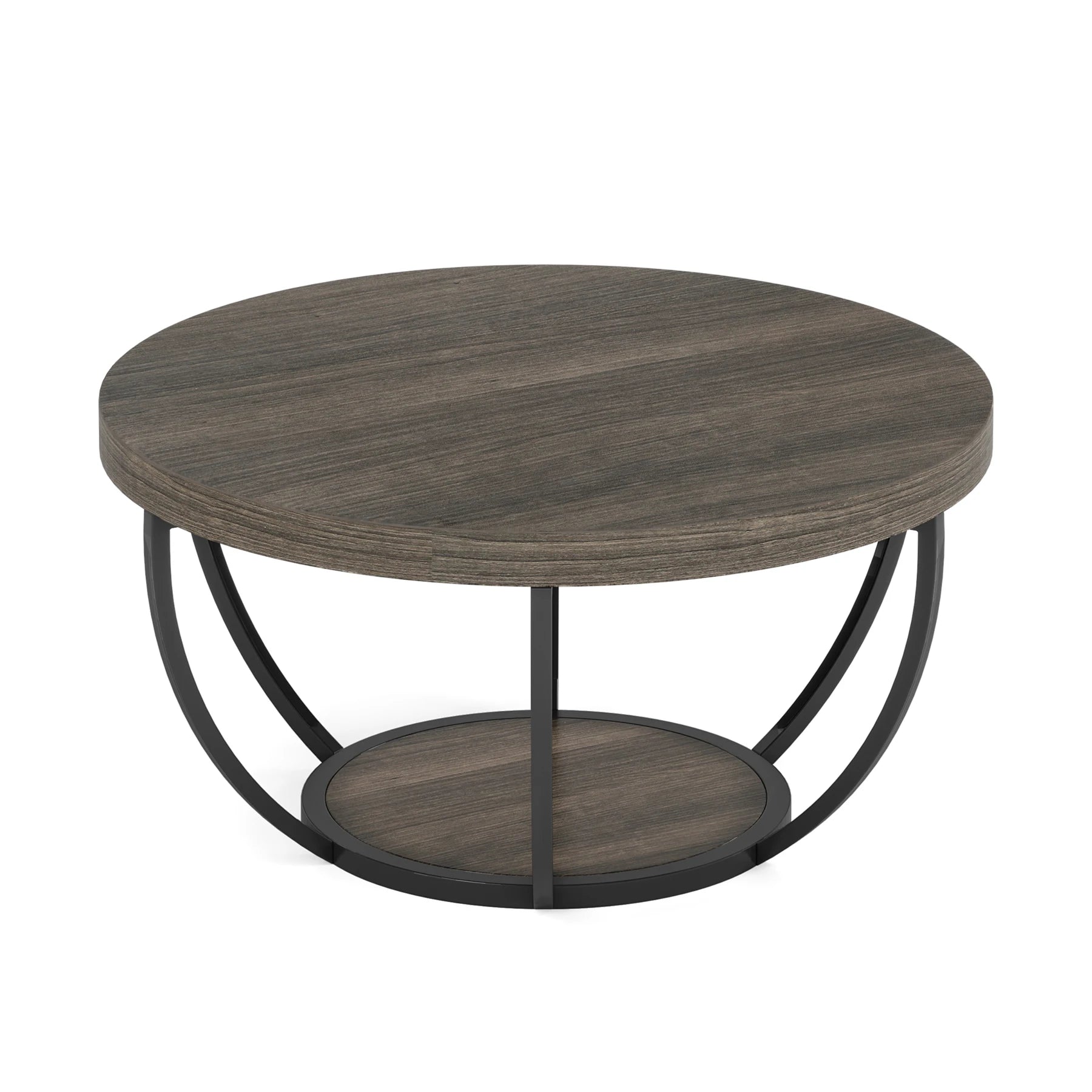 Ronde Salontafel – Bijzettafel – Koffietafel – Woonkamertafel – Houten Tafel – 80 Cm Diameter – Stevige Metalen Poten - Grijs en Zwart - QUORE