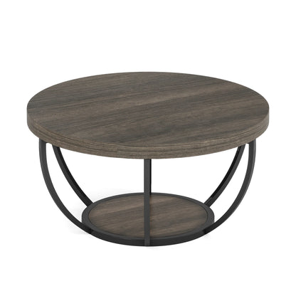 Ronde Salontafel – Bijzettafel – Koffietafel – Woonkamertafel – Houten Tafel – 80 Cm Diameter – Stevige Metalen Poten - Grijs en Zwart - QUORE