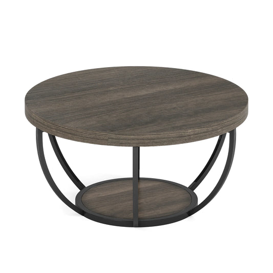 Ronde Salontafel – Bijzettafel – Koffietafel – Woonkamertafel – Houten Tafel – 80 Cm Diameter – Stevige Metalen Poten - Grijs en Zwart - QUORE