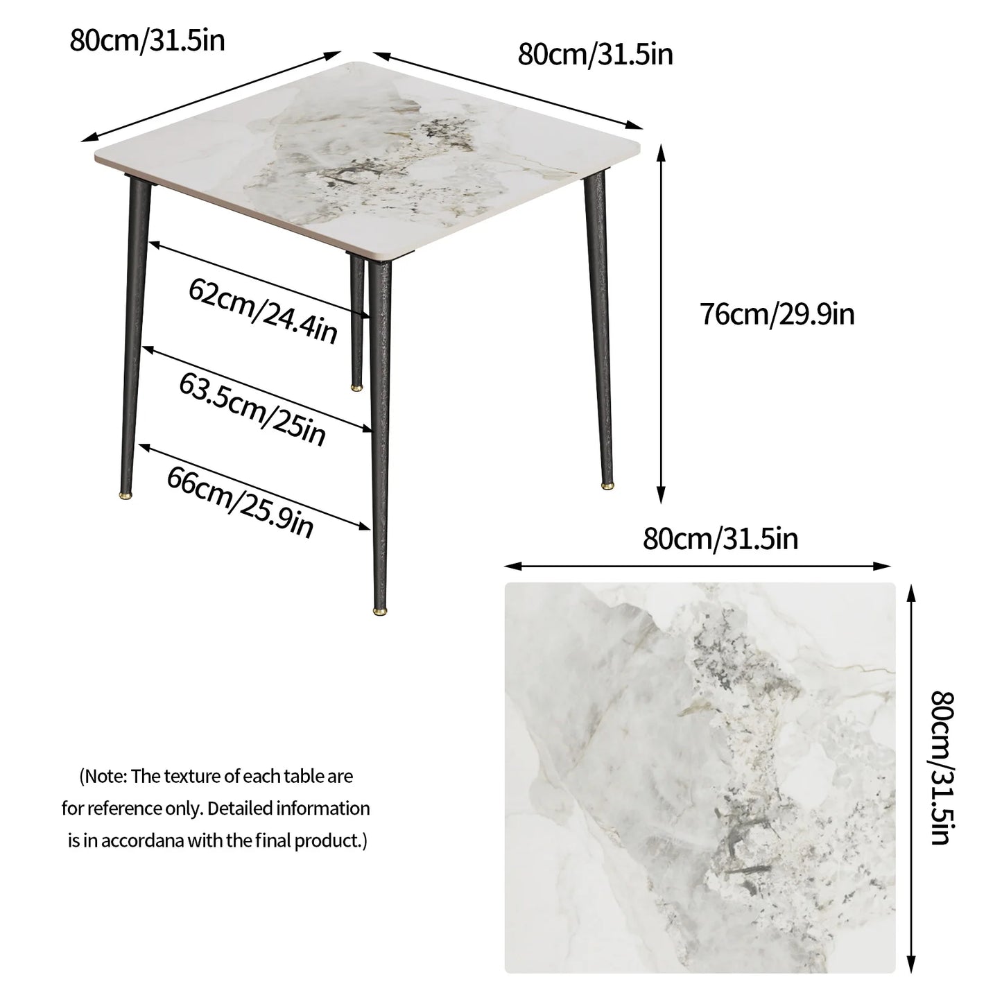 Eetkamertafel – Marmeren Tafel – Vierkante Eettafel – Compacte Tafel – Sintered Stone Blad – Robuuste Metalen Poot – 80x80 cm - Glanzend grijs