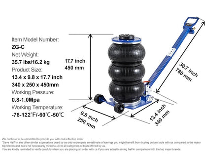 Pneumatische Krik - Autokrik - Garagekrik - Krik - 3 Ton - Verstelbare Triple Bag Air Jack met Wielen en Inklapbare Stang - Luchtkussen Krik - Blauw