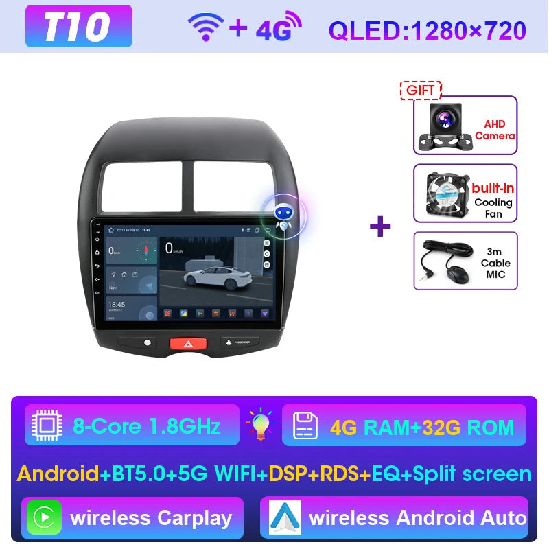 2Din Android Autoradio – Multimedia Speler – Touchscreen Navigatie – Bluetooth Radiosysteem – 10 Inch Scherm – Wireless CarPlay & Android Auto – Achteruitrijcamera Ondersteuning – Stuurwielbediening – T10 Camera Variant