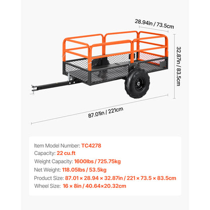 Tuinwagen – Tuinkar – Aanhanger – Tuinbak – Transportwagen – 28 Kubieke Voet Laadruimte – Draagvermogen 800 Kg - 22 Kubieke Voet - QUORE